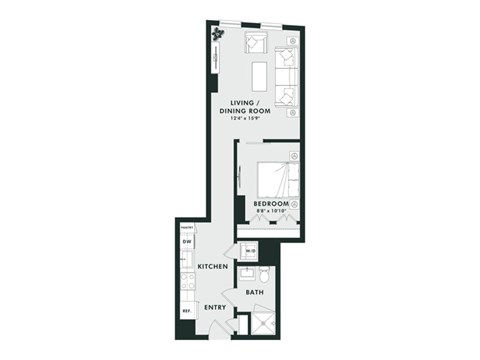 A floor plan of a small apartment with a kitchen, bathroom, and two bedrooms.